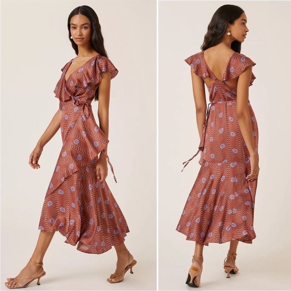 By Anthropolgie Ruffle-Sleeve Printed-Wrap Maxi Dress New Size Medium - Picture 12 of 12